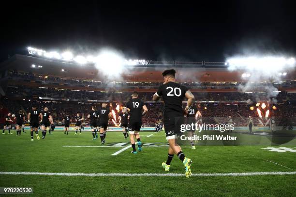 Ardie Savea of the All Blacks runs onto the field during the International Test match between the New Zealand All Blacks and France at Eden Park on...