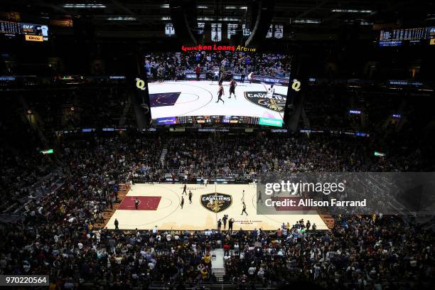 Jordan Bell of the Golden State Warriors holds ball for last seconds of Game Four of the 2018 NBA Finals on June 8, 2018 at Quicken Loans Arena in...