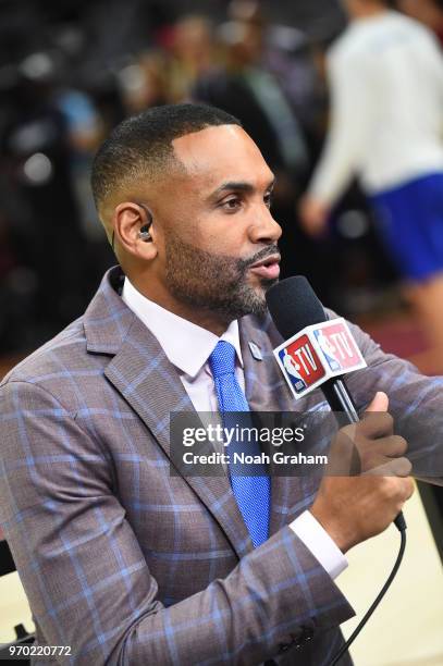 Analyst Grant Hill seen before the game between the Cleveland Cavaliers and the Golden State Warriors during Game Four of the 2018 NBA Finals on June...