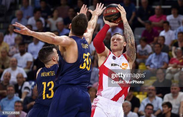 Janis Timma and Victor Claver during the match between FC Barcelona and Baskonia corresponding to the semifinals of the Liga Endesa, on 08th June in...