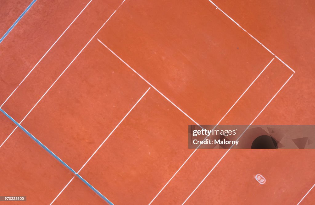 Tennis court. Aerial view, directly above. Drone view.