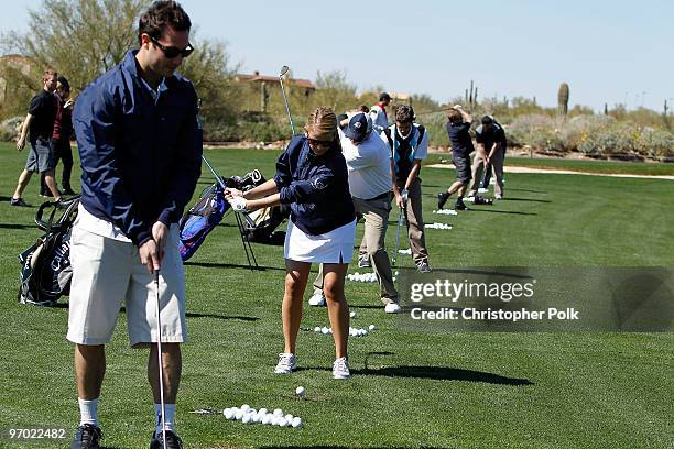 Scott Hochstadt and TV personality Lauren "Lo" Bosworth golf at Oakley's "Learn To Ride" Golf at Silverleaf on February 23, 2010 in Scottsdale,...