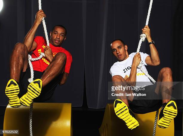 Lewis Hamilton and Thierry Henry go head-to-head at the launch of the new Reebok ZigTech training shoe, on February 24 2010 in Barcelona, Spain. The...