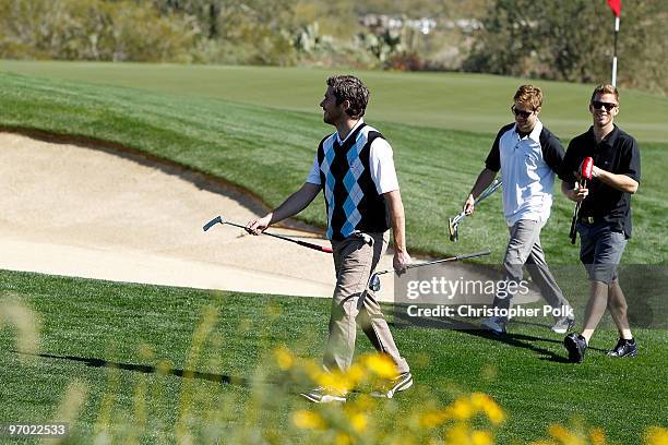 Actors Dave Dave Annable and Shaun Sipos and Oakley's Jeremy McCassy golf at Oakley's "Learn To Ride" Golf at Silverleaf on February 23, 2010 in...