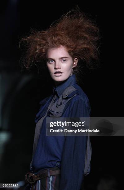 Model walks the runway at the Vivienne Westwood Red Label show for London Fashion Week Autumn/Winter 2010 on February 21, 2010 in London, England.