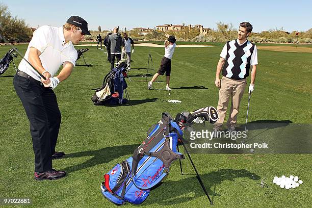 Professional golfer Ricky Barnes and actor Dave Annable golf at Oakley's "Learn To Ride" Golf at Silverleaf on February 23, 2010 in Scottsdale,...