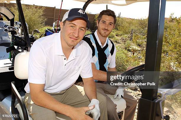Actors Scott Scherick and Dave Annable golf at Oakley's "Learn To Ride" Golf at Silverleaf on February 23, 2010 in Scottsdale, Arizona.