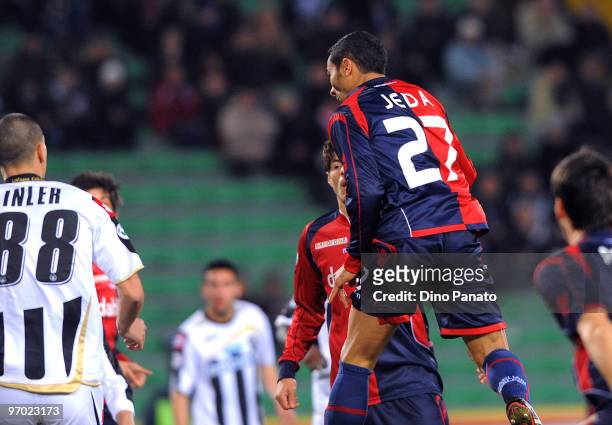 Jeda of Cagliari scores the opening goal of the Serie A match between Udinese Calcio and Cagliari Calcio at Stadio Friuli on February 24, 2010 in...