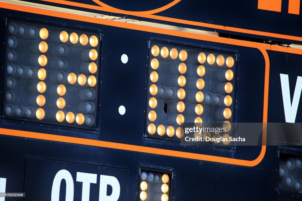 Close-up of a light-emitting diode (LED) type scoreboard showing the game clock