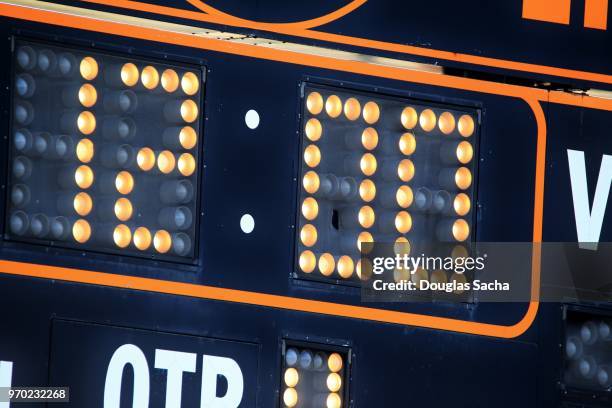 close-up of a light-emitting diode (led) type scoreboard showing the game clock - scoreboard imagens e fotografias de stock