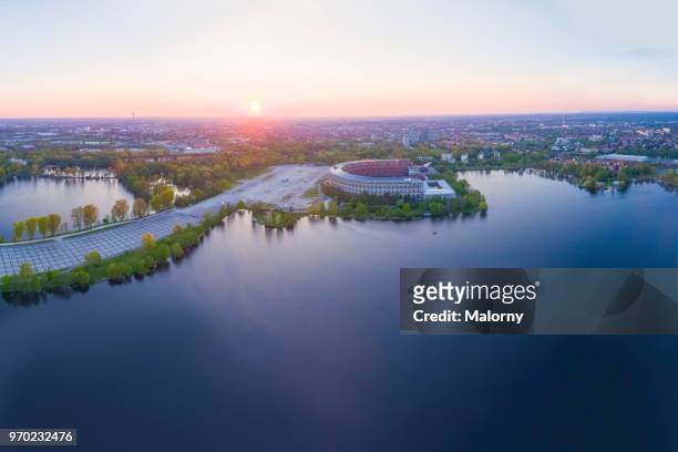 nuremberg. panoramic aerial view. nuremberg skyline, dutzendteich and the congress hall at the former nazi party rally grounds. drone view - nürnbergpanorama stock-fotos und bilder