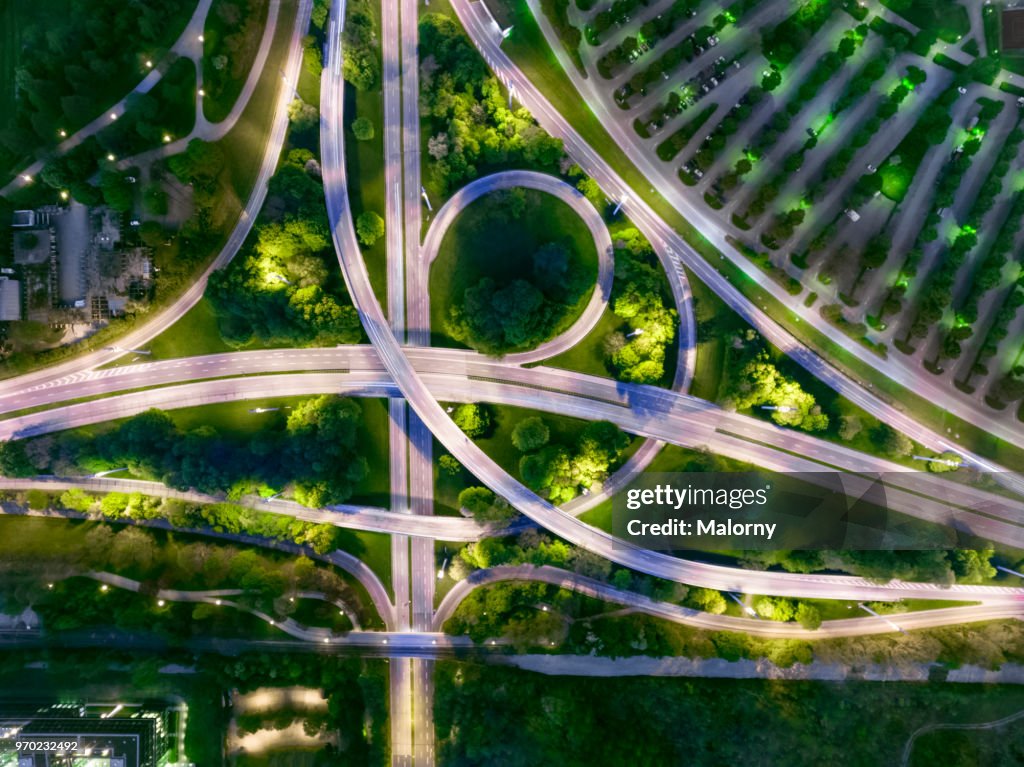 City of the future at night. Top view, view from above, aerial view