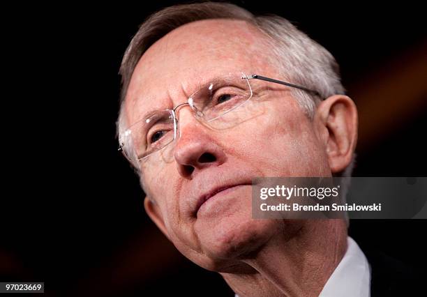 Senate Majority Leader Harry Reid listens during a press conference on Capitol Hill February 24, 2010 in Washington, DC. Reid, Senator Barbara Boxer...