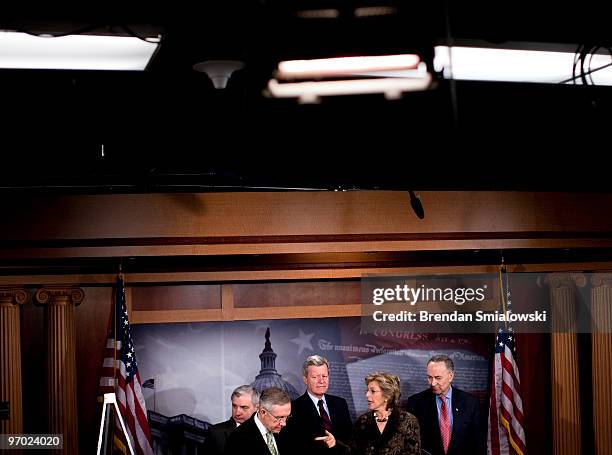 Senator Jack Reed , Senate Majority Leader Harry Reid , Senator Max Baucus and Senator Charles Schumer listen while Senator Barbara Boxer speaks...