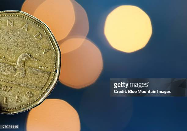 canadian loonie with bokeh - canadese valuta stockfoto's en -beelden