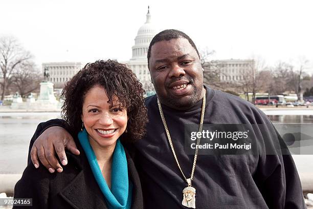 Actress Gloria Reuben and DJ Biz Markie pose for a photo at a Hip Hop Caucus event as part of the "Clean Energy Now!" bus tour at the Capitol...