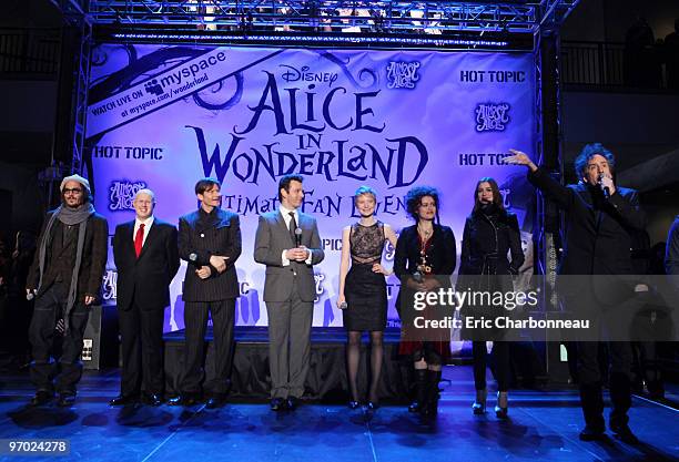 Johnny Depp, Matt Lucas, Crispin Glover, Michael Sheen, Mia Wasikowska, Helena Bonham Carter, Anne Hathaway and Director Tim Burton at Walt Disney...