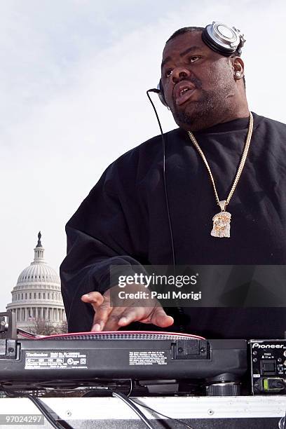 Biz Markie in action at a Hip Hop Caucus event as part of the "Clean Energy Now!" bus tour at the Capitol Reflecting Pool on February 24, 2010 in...