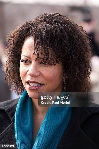 Actress Gloria Reuben attends a Hip Hop Caucus event as part of the "Clean Energy Now!" bus tour at the Capitol Reflecting Pool on February 24, 2010...