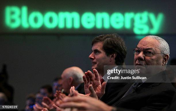 Former Secretary of State and Bloom Energy Board member Colin Powell looks on during a product launch on February 24, 2010 at the eBay headquarters...