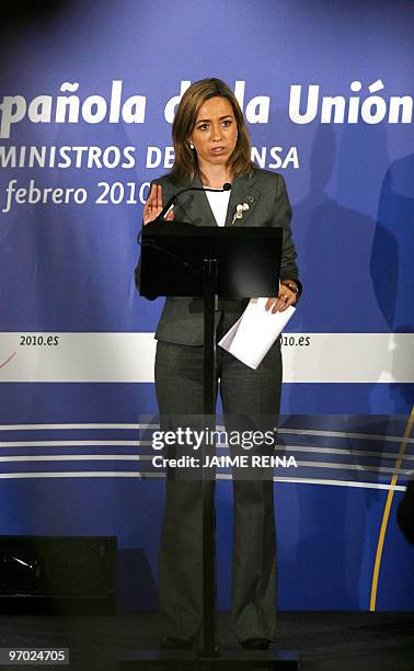 Spain's Defence Minister Carme Chacon gives a press conference during the Informal Meeting of Defence Minister on February 24, 2010 in Palma de...