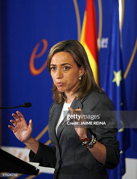 Spain's Defence Minister Carme Chacon gives a press conference during the Informal Meeting of Defence Minister on February 24, 2010 in Palma de...