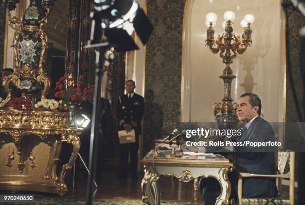 American Republican politician and 37th President of the United States, Richard Nixon delivers a televised speech to Soviet citizens from the Green...