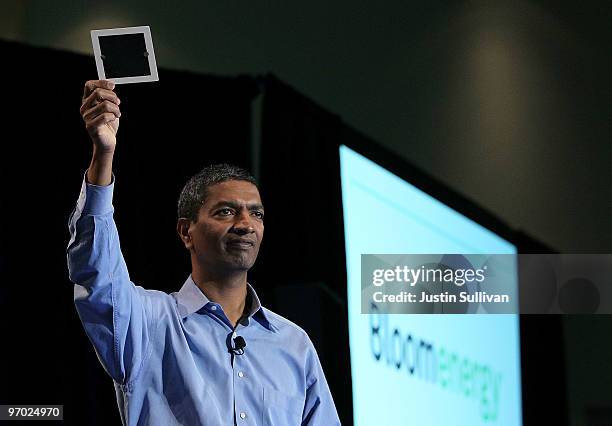 Bloom Energy CEO K. R. Sridhar holds a fuel cell as he speaks during a Bloom Energy product launch on February 24, 2010 at the eBay headquarters in...