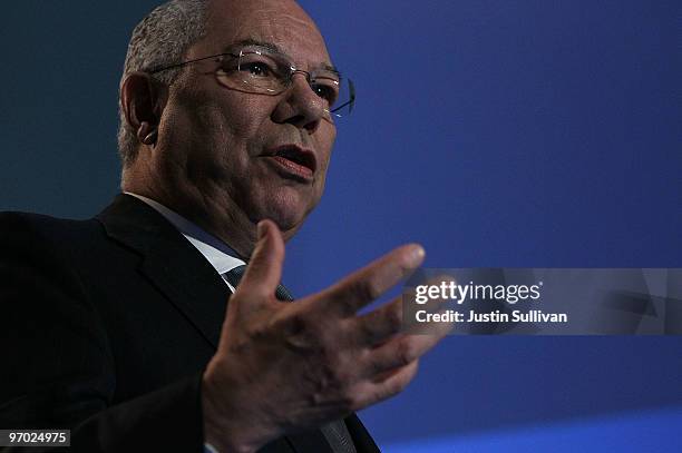 Former Secretary of State and Bloom Energy Board member Colin Powell speaks during a Bloom Energy product launch on February 24, 2010 at the eBay...