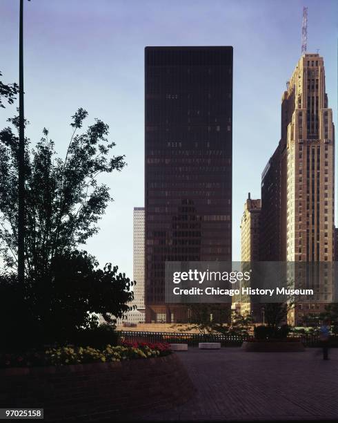 View of One Illinois Center , Chicago, Illinois, early 1970s. The building plan is very similar to van der Rohe's earlier One Charles Center, in...