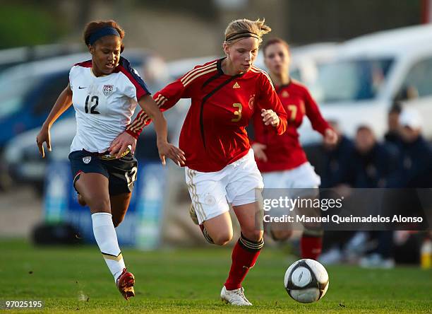 Tabea Kemme of Germany and Zakiya Bywarers of USA compete for the ball during the Women's international friendly match between Germany and USA on...