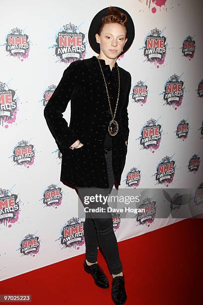 Elly Jackson of La Roux arrives at the Shockwaves NME Awards 2010 held at Brixton Academy on February 24, 2010 in London, England.