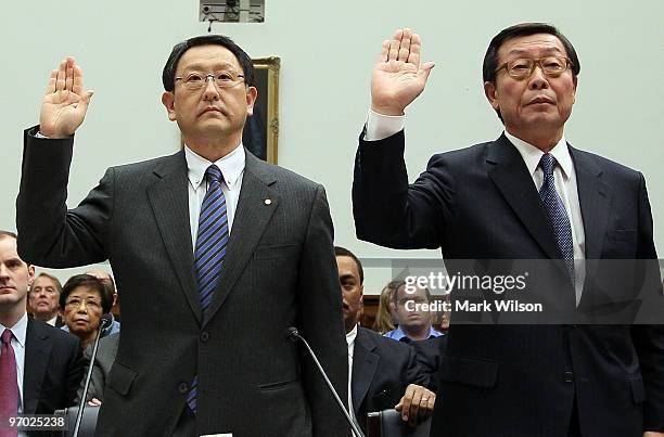 Toyota Motor Corporation President and CEO Akio Toyoda and Toyota Motor North America CEO Yoshiumi Inaba are before the House Oversight and...