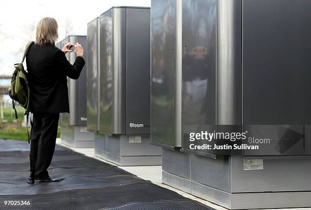 Reporter photographs an installation of new Bloom Energy servers called the "Bloom Box" at the eBay headquarters February 24, 2010 in San Jose,...