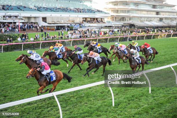 Barthelona ridden by Lachlan King wins the TAB/ATA Celebrates Women Trainers Handicap at Flemington Racecourse on June 09, 2018 in Flemington,...