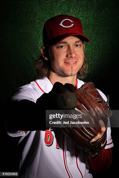 Bronson Arroyo of the Cincinnati Reds poses during media photo day on February 24, 2010 at the Cincinnati Reds Player Development Complex in...