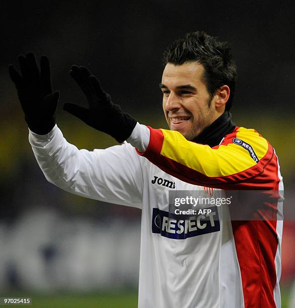 Alvaro Negredo of Sevilla jubilates after his goal during their last 16 round of UEFA Champions League football match against CSKA in Moscow on...