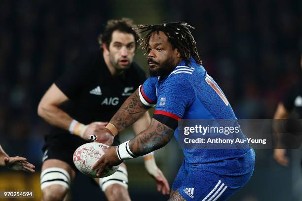 Mathieu Bastereaud of France runs the ball during the International Test match between the New Zealand All Blacks and France at Eden Park on June 9,...
