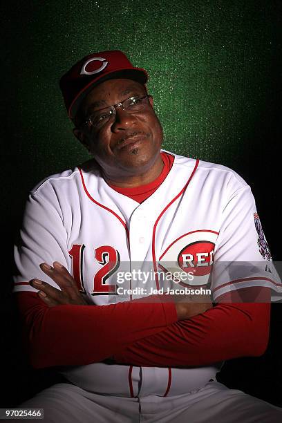 Manager Dusty Baker of the Cincinnati Reds poses during media photo day on February 24, 2010 at the Cincinnati Reds Player Development Complex in...