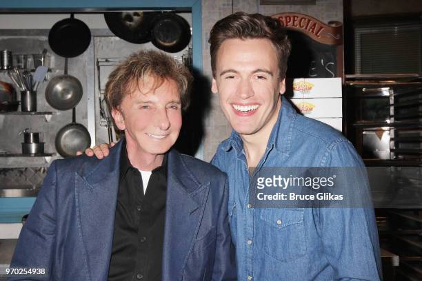 Barry Manilow and Erich Bergen pose backstage at the hit musical "Waitress" on Broadway at The Brooks Atkinson Theatre on June 7, 2018 in New York...