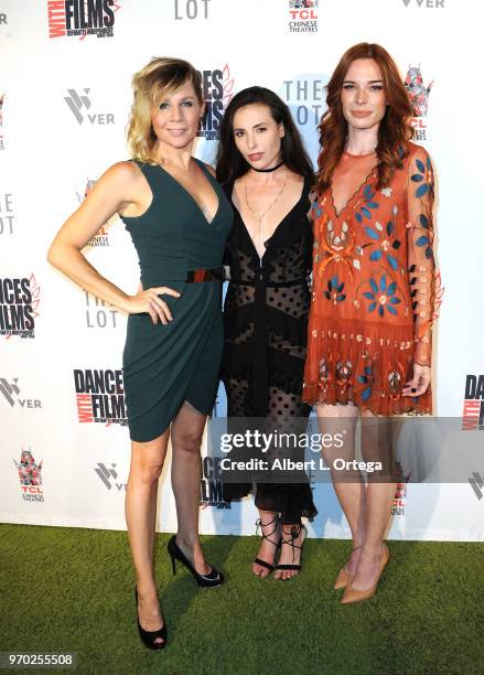Actress Gigi Edgley, writer Sarah Goldberger and actress Chloe Dykstra arrive for the 2018 Dances With Films Festival - Premiere Of "Diminuendo" held...