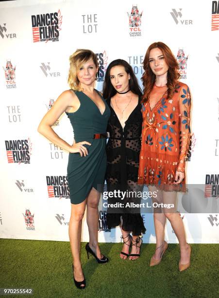 Actress Gigi Edgley, writer Sarah Goldberger and actress Chloe Dykstra arrive for the 2018 Dances With Films Festival - Premiere Of "Diminuendo" held...