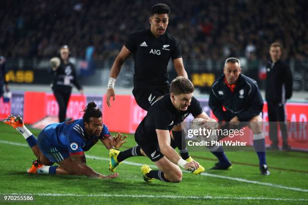 Beauden Barrett of the All Blacks scores a try during the International Test match between the New Zealand All Blacks and France at Eden Park on June...