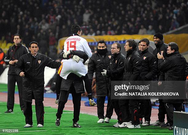 Alvaro Negredo of Sevilla jubilates after his goal during their last 16 round of UEFA Champions League football match against CSKA in Moscow on...