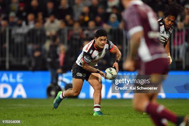 Issac Luke of the Warriors looks to pass the ball during the round 14 NRL match between the Manly Sea Eagles and the New Zealand Warriors at AMI...