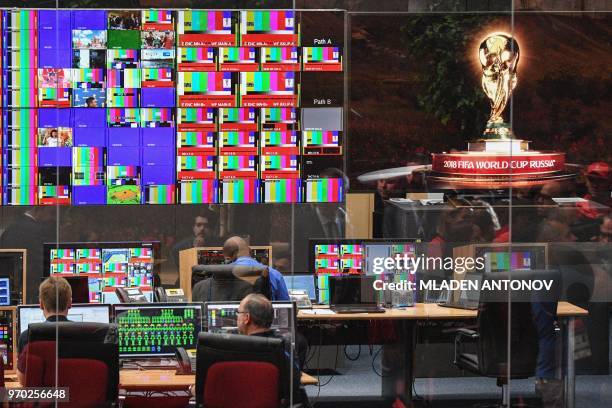 View of the Master Control Room of the 2018 FIFA World Cup Russia International Broadcast Centre at Moscow's Crocus Expo International Exhibition...