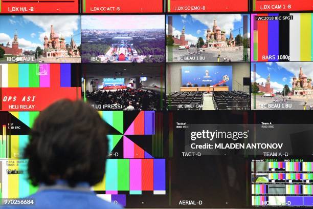 View of the Master Control Room of the 2018 FIFA World Cup Russia International Broadcast Centre at Moscow's Crocus Expo International Exhibition...
