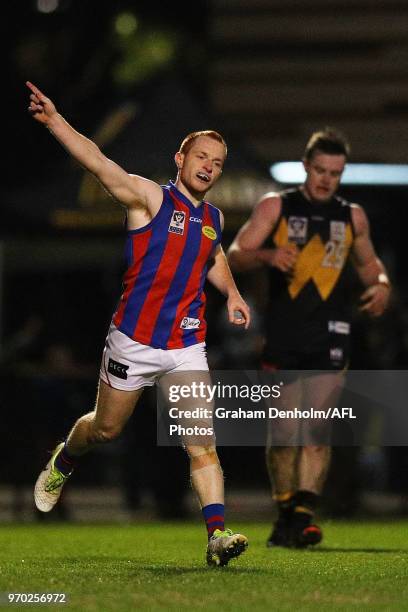 Anthony Anastasio of Port Melbourne celebrates kicking a goal during the round 10 VFL match between Werribee and Port Melbourne at Avalon Airport...