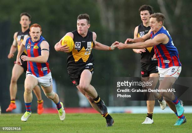 Dom Brew of Werribee in action during the round 10 VFL match between Werribee and Port Melbourne at Avalon Airport Oval on June 9, 2018 in Melbourne,...