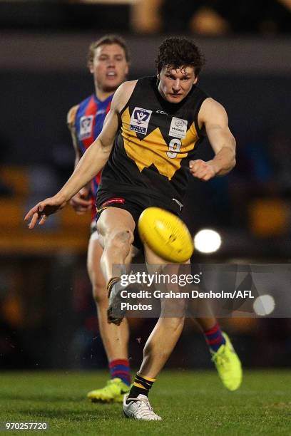 Kurt Aylett of Werribee kicks during the round 10 VFL match between Werribee and Port Melbourne at Avalon Airport Oval on June 9, 2018 in Melbourne,...